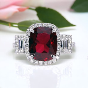 6.50 carat Long Cushion Cut Lab Ruby Diamond Halo Ring: Three Stone Anniversary Jewelry