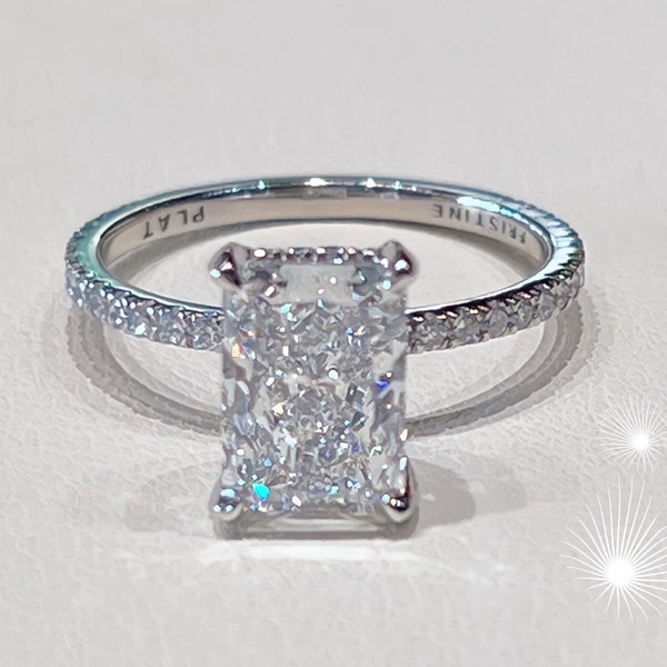 3.01 carat Radiant Cut Lab Grown Diamond Engagement Ring, F/VS1 Certified Diamond,Platinum Invisible Halo Setting, pristine custom rings