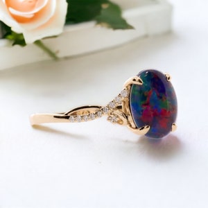 Australian Opal Diamond Ring, .09ct Genuine Diamonds, RARE black Opal Triplet, Fashion Birthstone Anniversary Ring, Pristine Custom Rings 14k rose gold