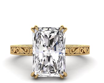 3 Carat Radiant Cut Lab Diamond Engagement Ring F VS1 – 18k Yellow Gold with Hidden Halo & Filigree Band – IGI Certified Vintage Style
