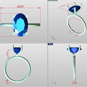 May include: A silver ring with a large, oval-cut, blue gemstone. The gemstone measures 20.67 mm long and 12.09 mm wide. The ring's band is thin and simple, with the gemstone held in place by four prongs.