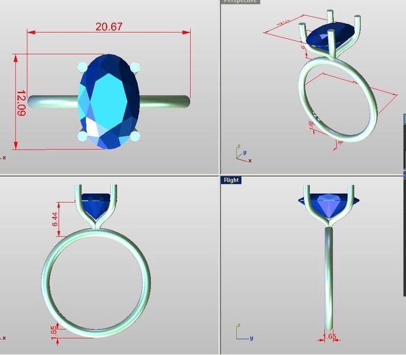 May include: A silver ring with a large, oval-cut, blue gemstone. The gemstone measures 20.67 mm long and 12.09 mm wide. The ring's band is thin and simple, with the gemstone held in place by four prongs.