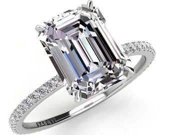 Emerald Cut Moissanite & Diamond Engagement Ring, Natural Side Diamonds ,18kt White Gold Ring ,Emerald Cut Pave Set Diamond Ring