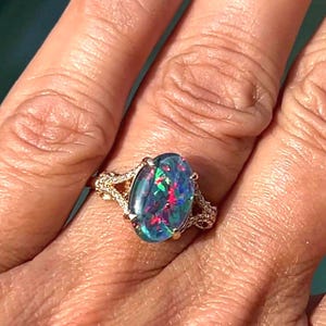 Australian Opal Triplet Ring: Diamond Accent, 14k Gold October Birthstone