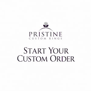 May include: A logo for Pristine Custom Rings featuring a diamond icon above the text Pristine Custom Rings and the phrase Start Your Custom Order in dark purple lettering on a plain white background, indicating a service for jewelry design.