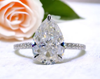 5.70 Carat Pear Shaped Ring, Diamond Hidden Halo Ring ,Pristine Custom Rings is Ethically Sourced Jewelry