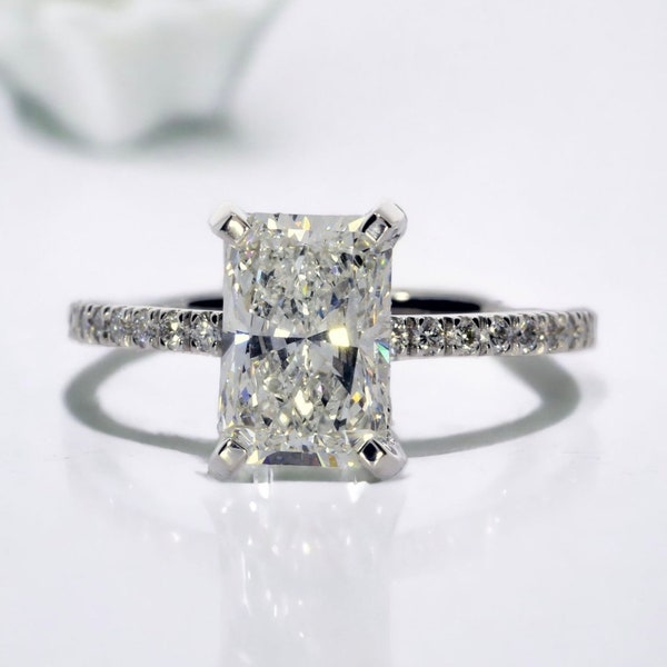 2.50 Carat FVS1 Radiant Cut Lab Grown Diamond,Solitaire Engagement Ring, Platinum Hidden Halo Radiant Lab Grown Diamond Ring