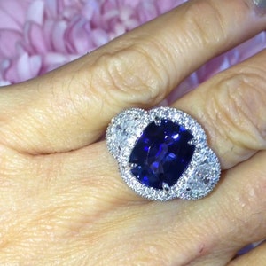 7ct Long Cushion Cut Sapphire Engagement Ring with Half Moon Lab Diamonds, September Birthstone Ring, White Gold Statement Ring