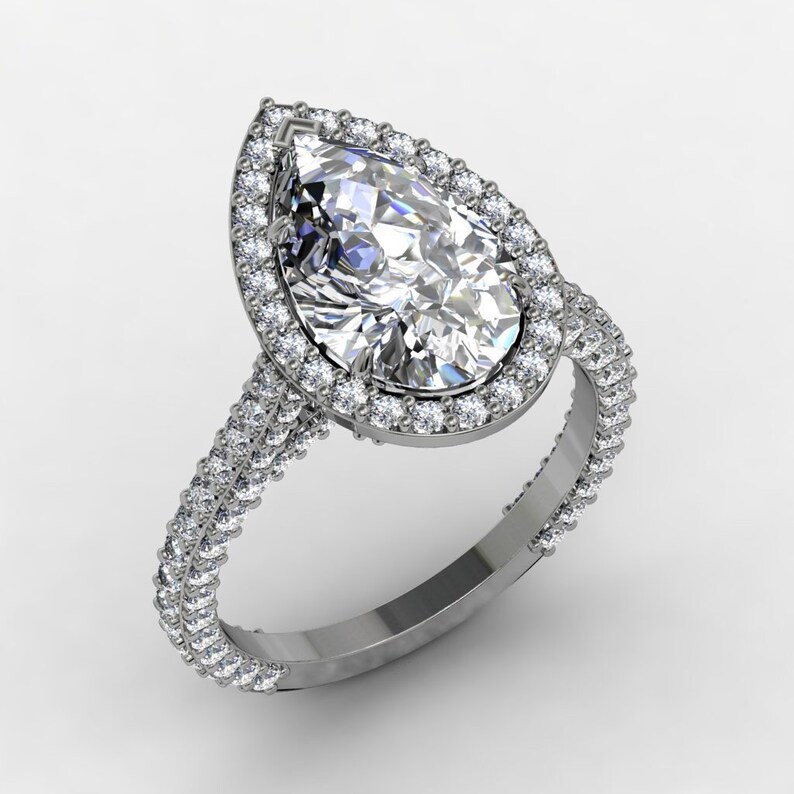 5 carat Pear Shape Diamond Ring Unique Diamond Halo and Triple pave band, White Gold rings-In Stock image 8