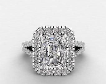 Radiant Cut Moissanite Engagement Ring, Falling halo, tri sides split shank ,Pristine Custom Rings is Ethically Sourced Jewelry