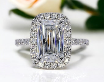 4.70 Carat Modified Emerald Cut EVS1 Lab Grown Diamond Ring, Platinum Diamond Halo Setting,  by Pristine Custom Rings