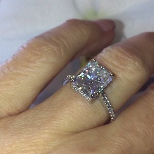 Petite pave diamond ring, Radiant Cut Moissanite Engagement Ring, Hidden Halo, 14kt White Gold,  Pristine Custom Rings