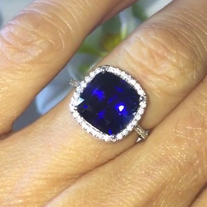 Cushion Cut Blue Sapphire Ring, Micro Pave MoissaniteSetting, Birthstone Ring Gift,   Ethically Sourced and Handcrafted