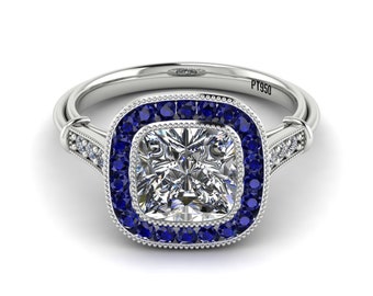 Cushion Cut Engagement Ring with Natural Diamond and Sapphire Baguette Halo, Art Deco Gold Ring, Pristine Custom rings
