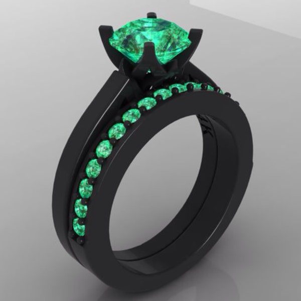 RESERVED For Derrick Engagement Ring Set BLOOMING LOVE Round 1.25ct Emerald14kt Black Gold Ring  Wedding Band Set Anniversary Ring