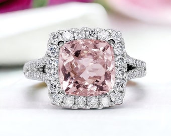 6 Carat Pink Cushion Cut Morganite Ring ,1.85Carat Natural Diamond Halo,Rare Pink Color Gems,pristine custom rings