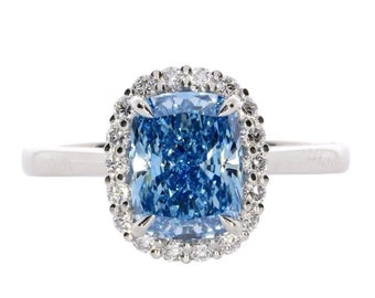 2.39 Carat Cushion Fancy Vivid Blue Diamond, Rare Color, Diamond Halo Setting, Platinum Anniversary Ring, IGI Certified- Rings In Stock