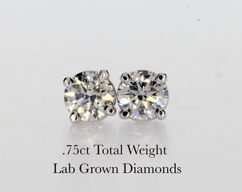 Lab Grown Diamond Stud Earrings, Perfectly Matched Round 4 Prong Earrings, Excellent Cut IGI Certified, Diamond Anniversary-In Stock