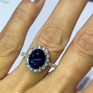 3 Carat Classic Blue Oval Sapphire Engagement Ring .80ct Diamond Halo Ring White Gold Cathedral Setting- Heirloom Personalized Jewelry