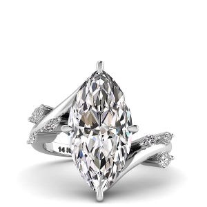 Marquise Lab Diamond Engagement Ring: 14k White Gold Compass Prongs