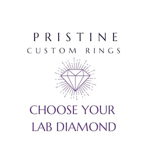 May include: White background with text and a diamond graphic. The text reads "PRISTINE CUSTOM RINGS" above a diamond graphic with radiating lines. Below the graphic, the text says "CHOOSE YOUR LAB DIAMOND".