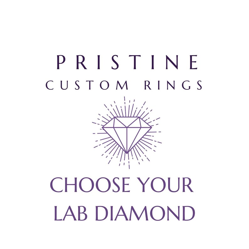 May include: White background with text and a diamond graphic. The text reads "PRISTINE CUSTOM RINGS" above a diamond graphic with radiating lines. Below the graphic, the text says "CHOOSE YOUR LAB DIAMOND".