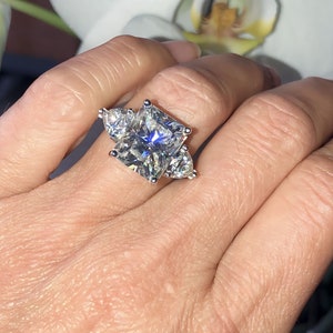 8.60 Carat Pristine Radiant Cut Moissanite Engagement Ring - Unique 3 Stone Vintage Inspired Design