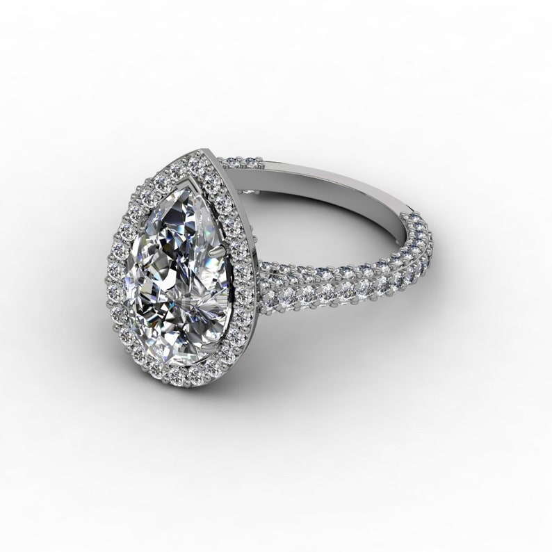 5 carat Pear Shape Diamond Ring Unique Diamond Halo and Triple pave band, White Gold rings-In Stock image 6
