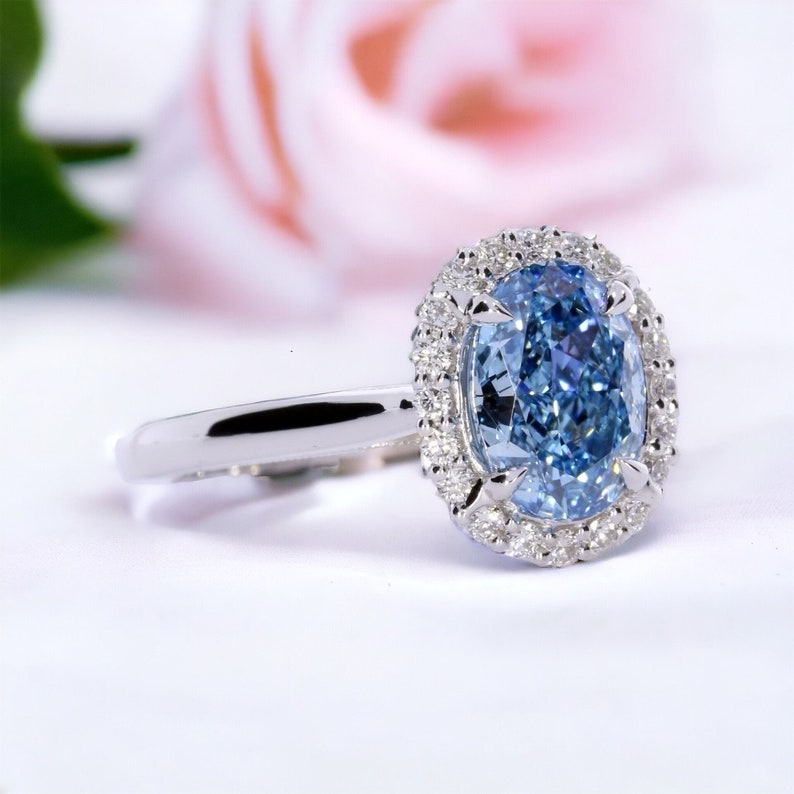 1.94 Carat Oval Fancy Vivid Blue Diamond, Rare Color, Diamond Halo Setting,18k White Gold Anniversary Ring, IGI Certified Rings In Stock image 5