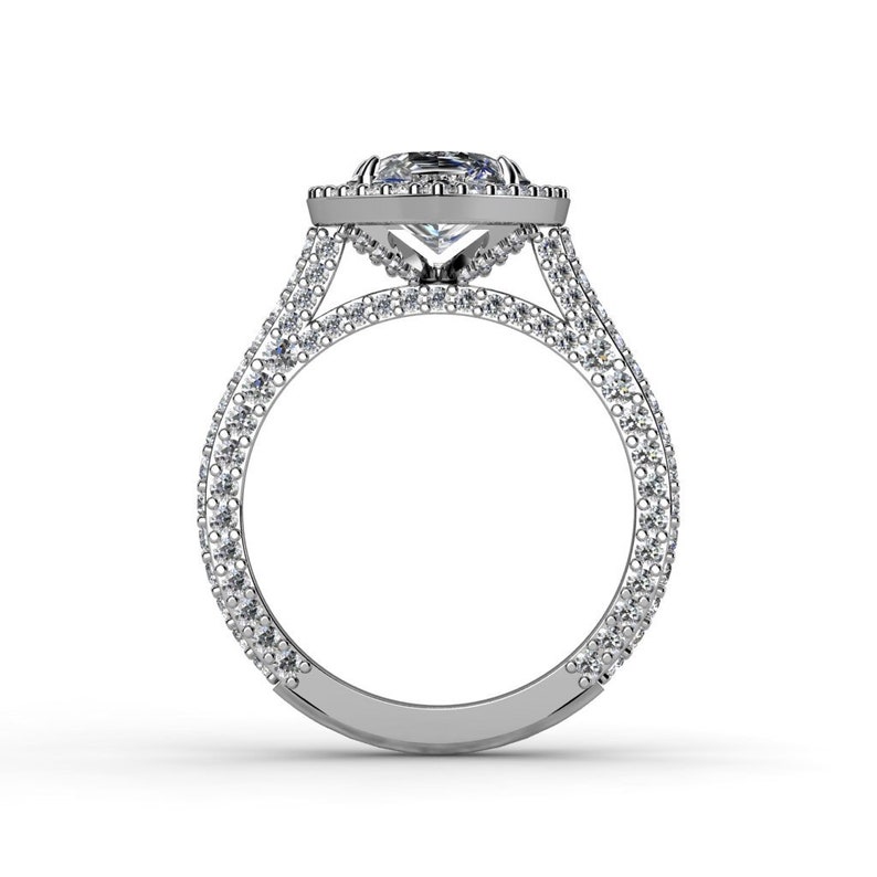 5 carat Pear Shape Diamond Ring Unique Diamond Halo and Triple pave band, White Gold rings-In Stock image 4