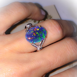 Coober Pedy Opal Triplet Ring: Lab Grown Diamond Accent, 14k Gold
