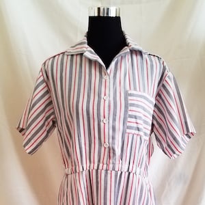 Red/White/Gray Vintage Striped Short-Sleeve Dress