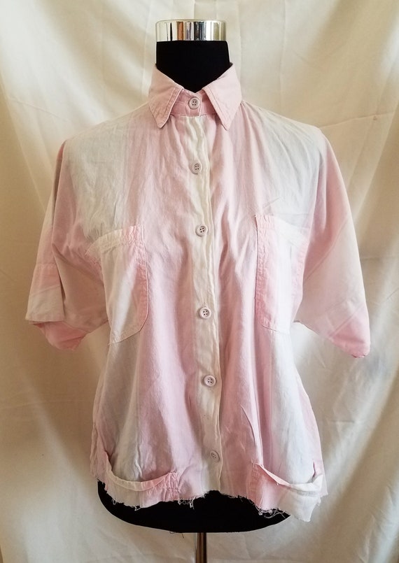 Vintage Pink/White Cut Off Batwing Cotton Blouse