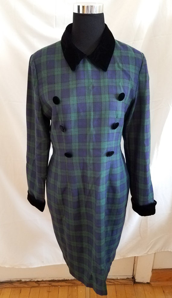 Vintage 1990s Plaid Dress w/ Velvet Collar and Cuf