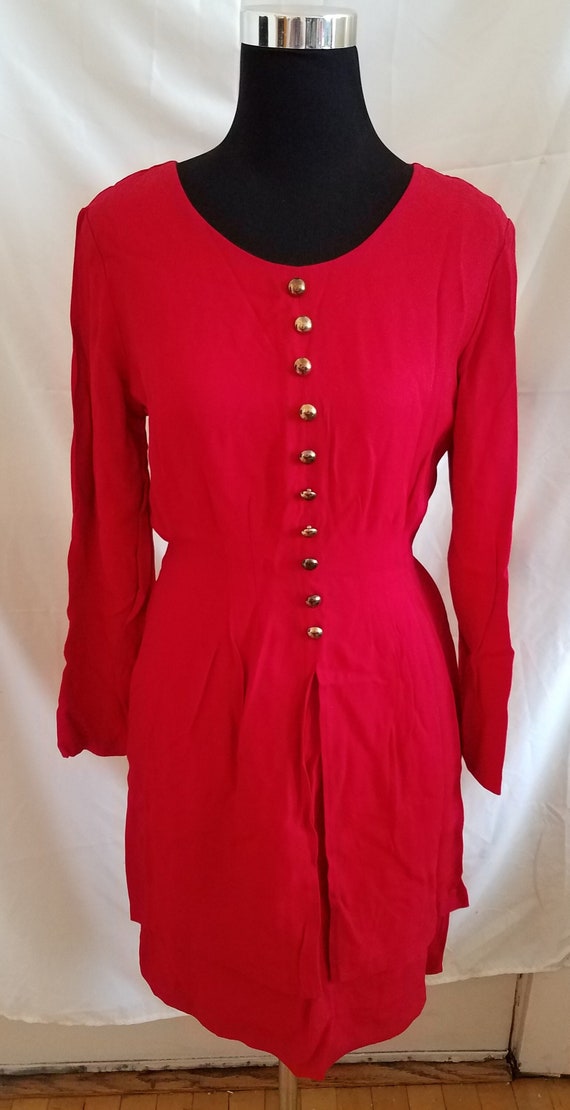 Vintage 1990s Red Peplum Dress w/ Gold Buttons