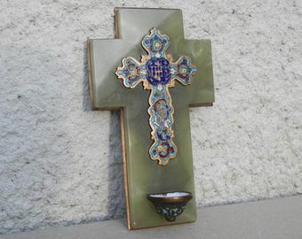Antique French Cloisonne Cross with Onyx Cross & Benitier. Green Onyx. 1800s. Holy Water Font. French Decor. Home Decor.