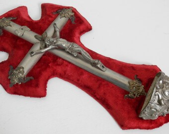 Antique French Red Velvet and Wood Religious Cross. Vintage Church Cross Crucifix with Holy Water Font Benitier. 1800's. French Home Decor.