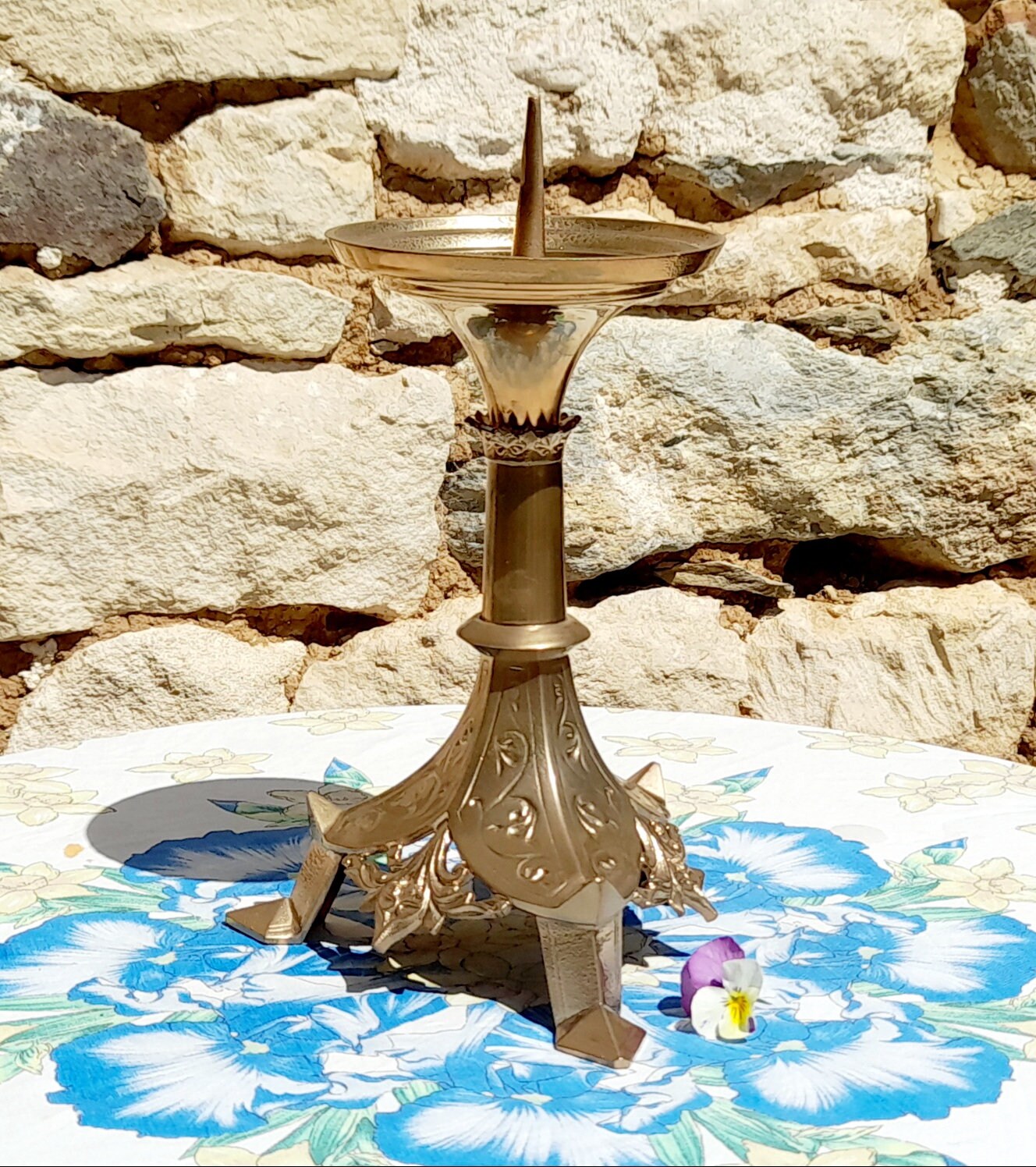 Antiquaire Français Stand Art Nouveau de Bâton Bougie. Vintage Church Gold Candle Stand. Années 1800