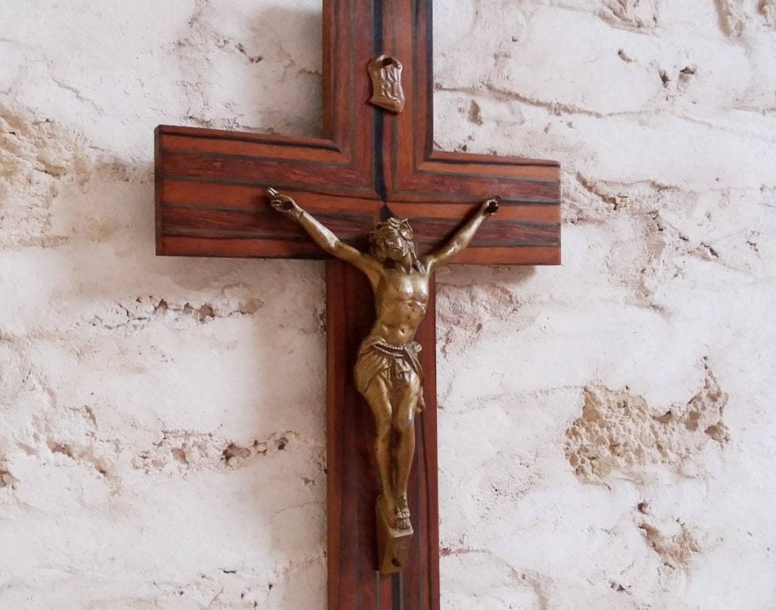 Religieux Français Antique Murale Croix/Crucifix. Grand Jésus Christ Corpus Christi. 1800. Decor. Dé