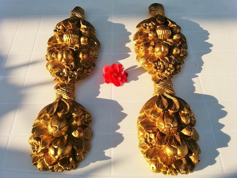 Panneaux de Bois Sculptés Dorés Français Antiques. Rare. Château Fruit & Fleur Doré Wall Decor. Anné