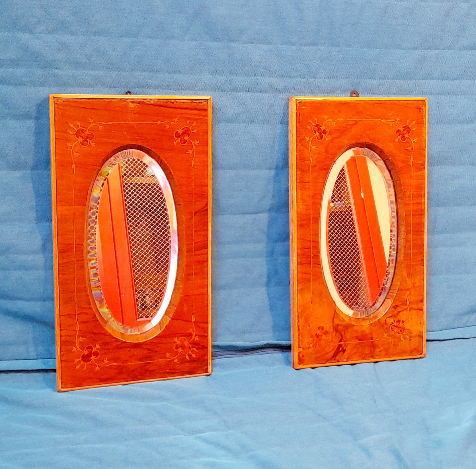 Paire de Miroirs Antiques Français Art Nouveau. Deux Rares Biseautés Château avec Marqueterie. Année