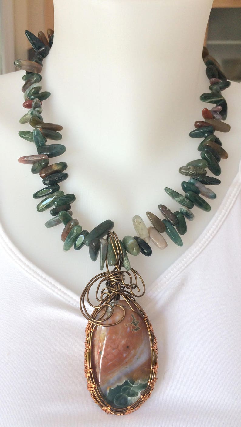 Indian Agate Natural Beaded Necklace with Ocean Jasper Pendant Wire Wrapped in Bronze