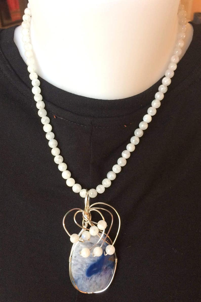 Moonstone Beaded Necklace with Wire Wrapped Agate Pendant Etsy