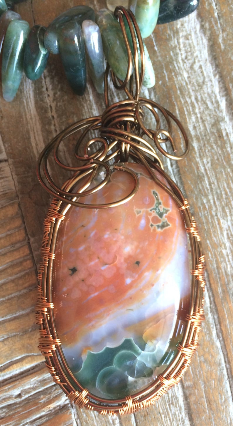 Indian Agate Natural Beaded Necklace with Ocean Jasper Pendant Wire Wrapped in Bronze