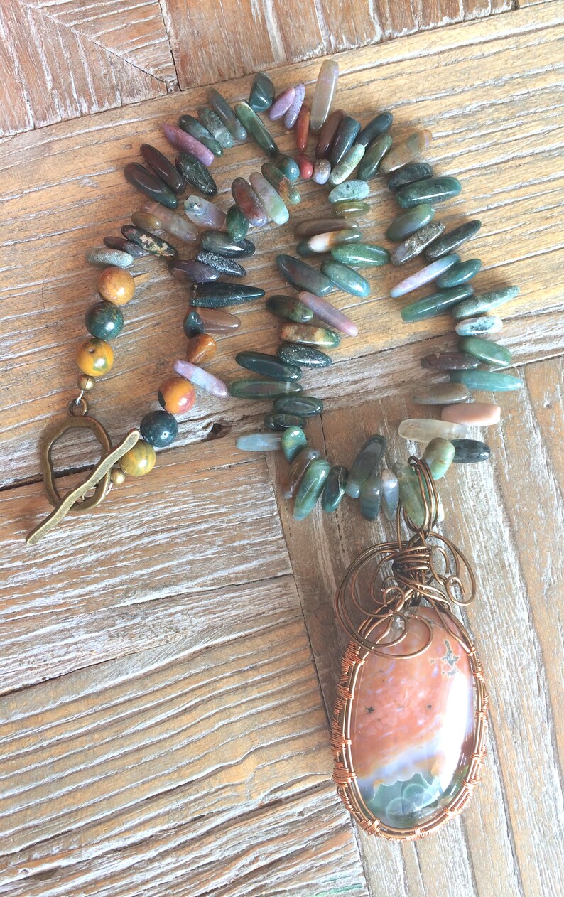 Indian Agate Natural Beaded Necklace with Ocean Jasper Pendant Wire Wrapped in Bronze