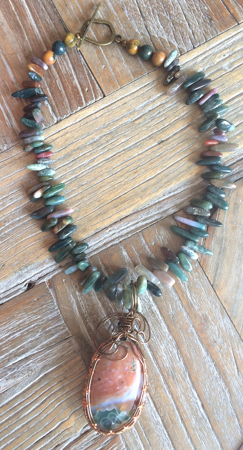 Indian Agate Natural Beaded Necklace with Ocean Jasper Pendant Wire Wrapped in Bronze