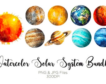 Watercolor Solar System Clipart Bundle, Planets Clipart, Solar System, Digital Download, Planets, Printable Clipart, Space Clipart, Galaxy