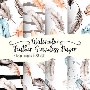 Watercolor Feathers Seamless Pattern JPEG, Digital Graphics Watercolor Clipart Feather Wall Art Feather Decor Feather Stickers Wedding Decor