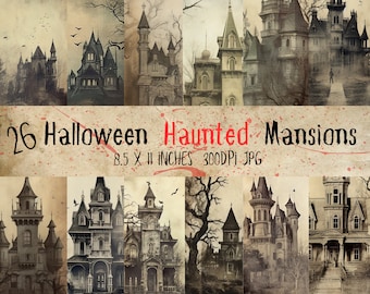 Gruseliges Geisterhaus Digitales Papier, Halloween Villa Hintergründe (PDF-Muster)
