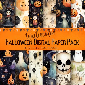 Spooky Watercolor Halloween Digital Paper Printable Spooky Watercolor Background for Halloween Witch and Pumpkin Watercolor Digital Paper